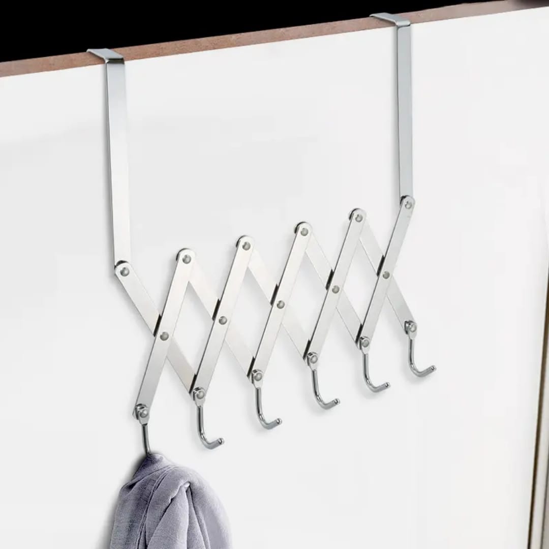 4e2712a8-9bdc-452f-b478-88825149f994 Over Door Expandable Hook Rack – Folding Metal Hanger with 6 Hooks - Image 1